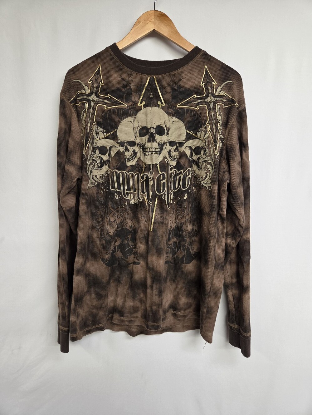 MMA Elite Shirt Mens X-large Skulls Cross Waffle Knit Thermal Pullover Brown Y2K